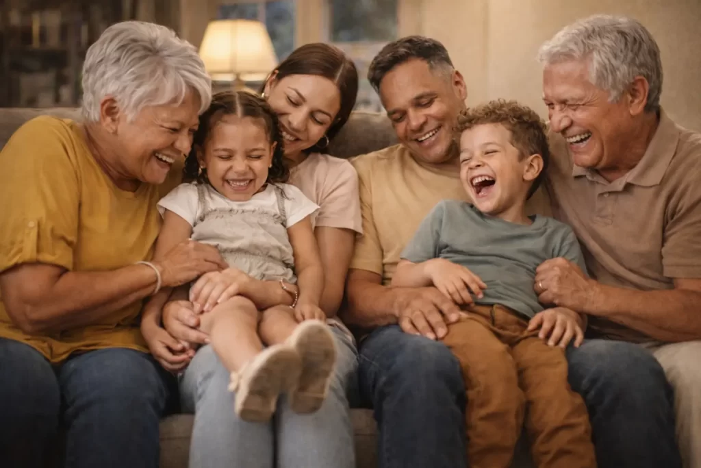 A multi-generational family enjoying a moment together on a ouch.