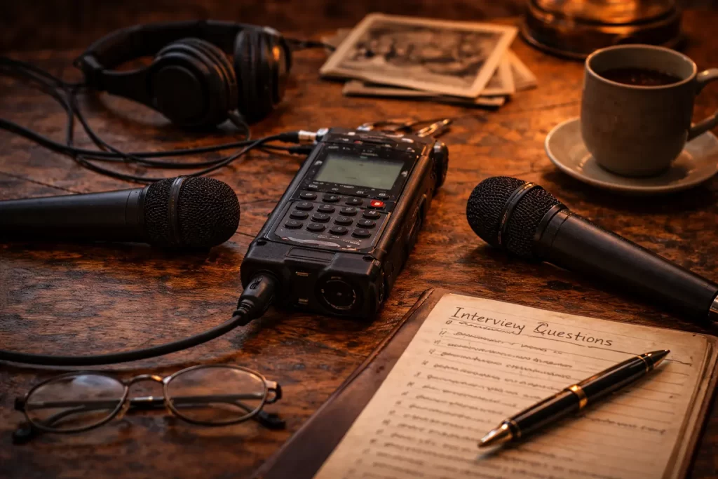 A photo of various objects on a tool, an audio recorder, a microphone, a cup of coffee.